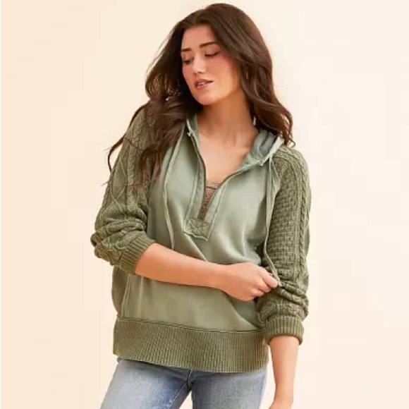 BKE Quarter Zip Hooded Sweatshirt Sea Spray Green Buckle Large Cable Knit - Picture 3 of 8